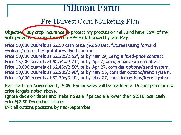 Tillman Farm Pre-Harvest Corn Marketing Plan Objective: Buy crop insurance to protect my production