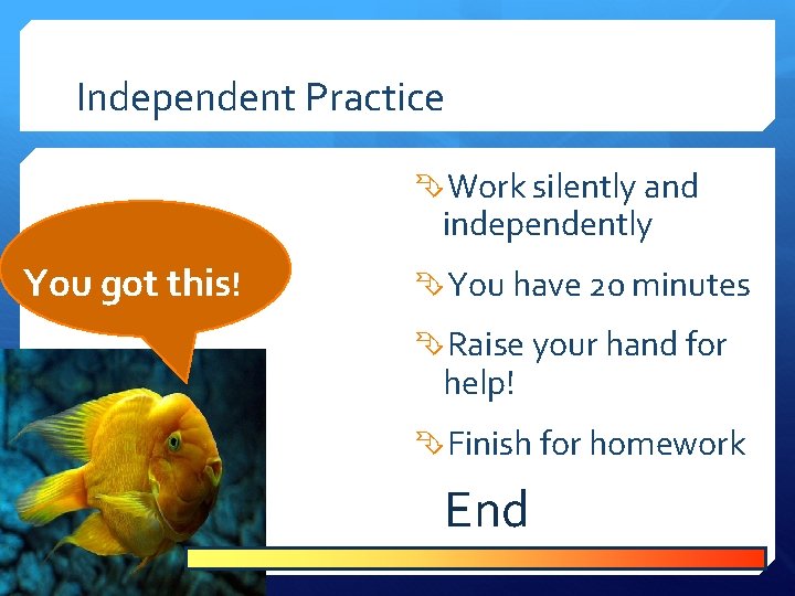 Independent Practice Work silently and independently You got this! You have 20 minutes Raise