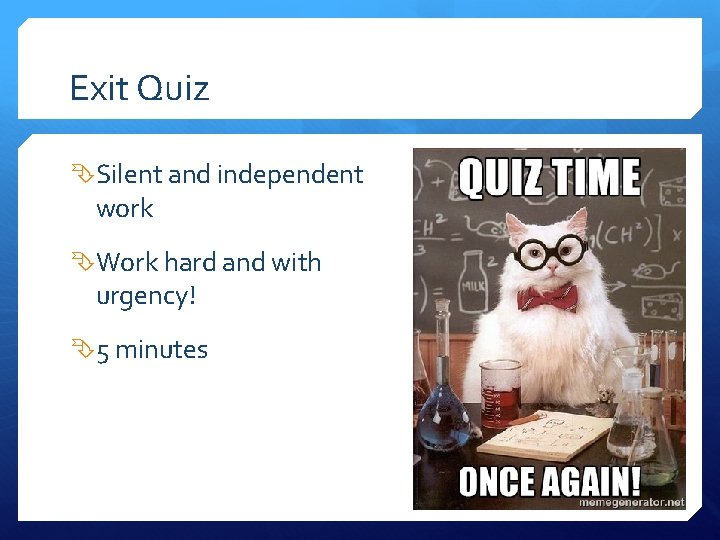 Exit Quiz Silent and independent work Work hard and with urgency! 5 minutes 