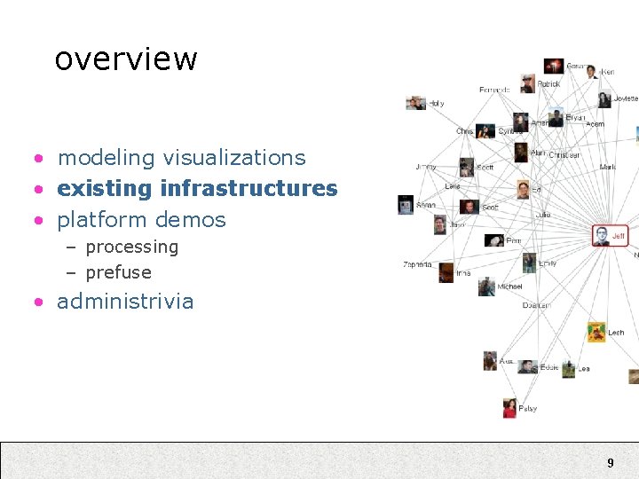 overview • modeling visualizations • existing infrastructures • platform demos – processing – prefuse