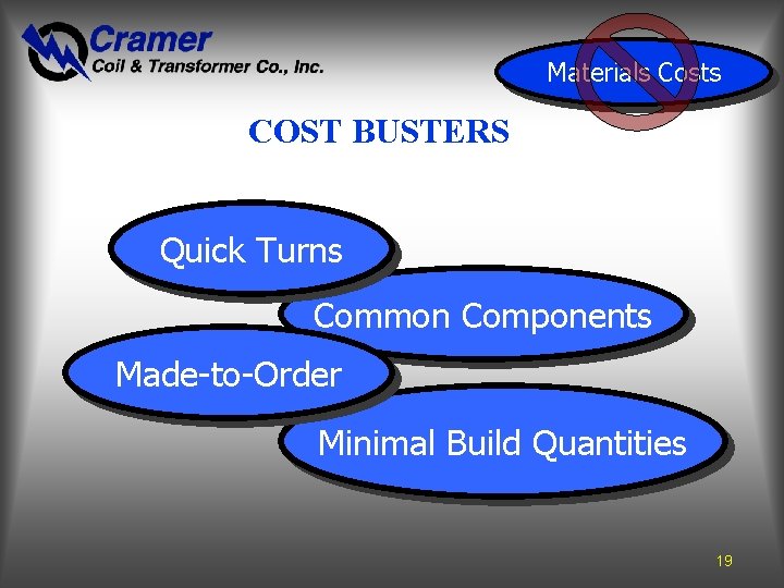 Materials Costs COST BUSTERS Quick Turns Common Components Made-to-Order Minimal Build Quantities 19 