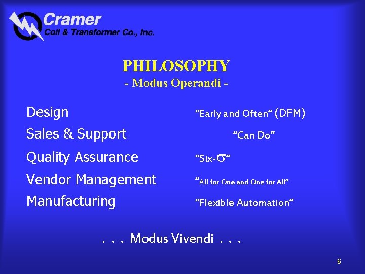 PHILOSOPHY - Modus Operandi - Design “Early and Often” (DFM) Sales & Support “Can