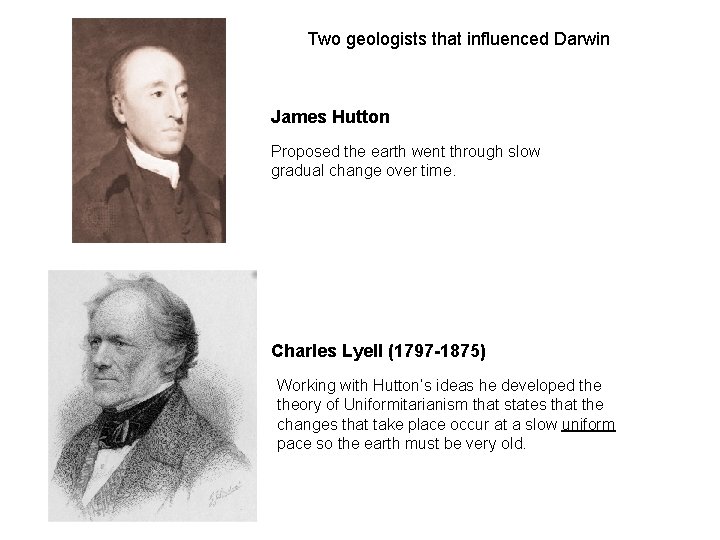 Two geologists that influenced Darwin James Hutton Proposed the earth went through slow gradual