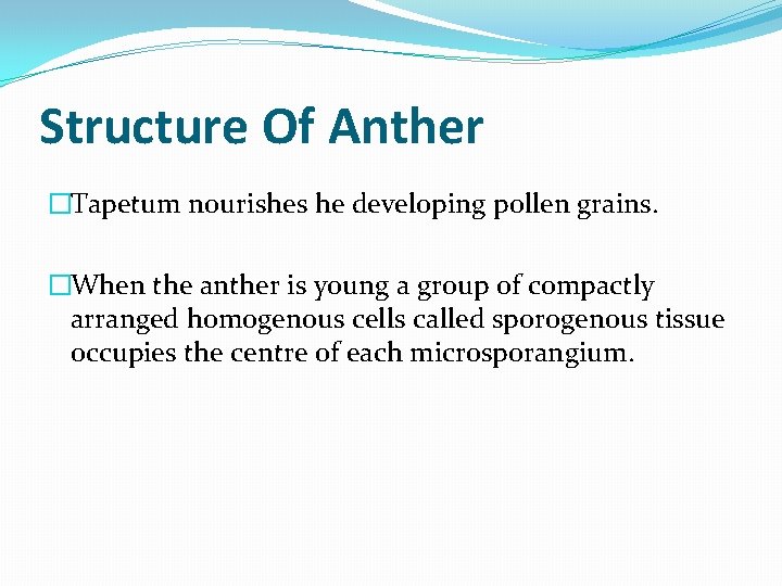 Structure Of Anther �Tapetum nourishes he developing pollen grains. �When the anther is young