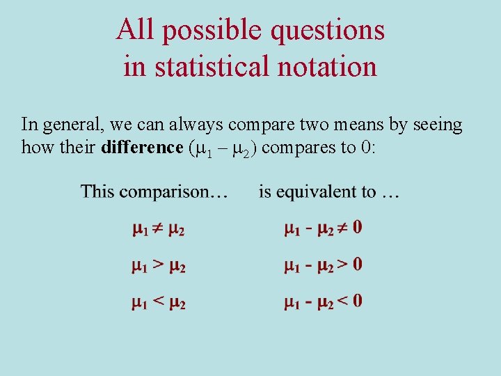 All possible questions in statistical notation In general, we can always compare two means