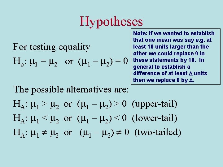 Hypotheses For testing equality Ho: 1 = 2 or ( 1 – 2) =