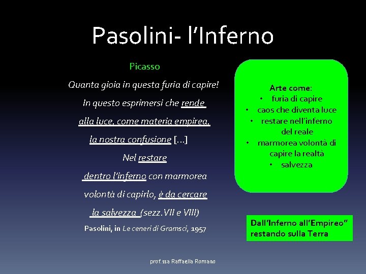 Pasolini- l’Inferno Picasso Quanta gioia in questa furia di capire! In questo esprimersi che