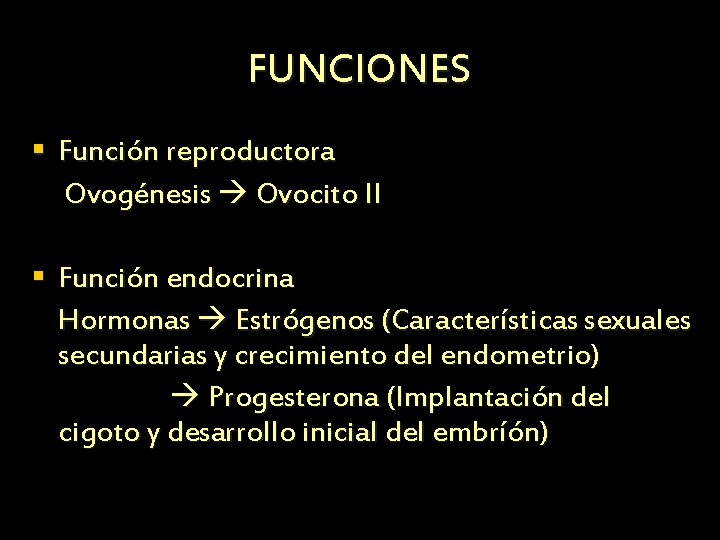 FUNCIONES § Función reproductora Ovogénesis Ovocito II § Función endocrina Hormonas Estrógenos (Características sexuales