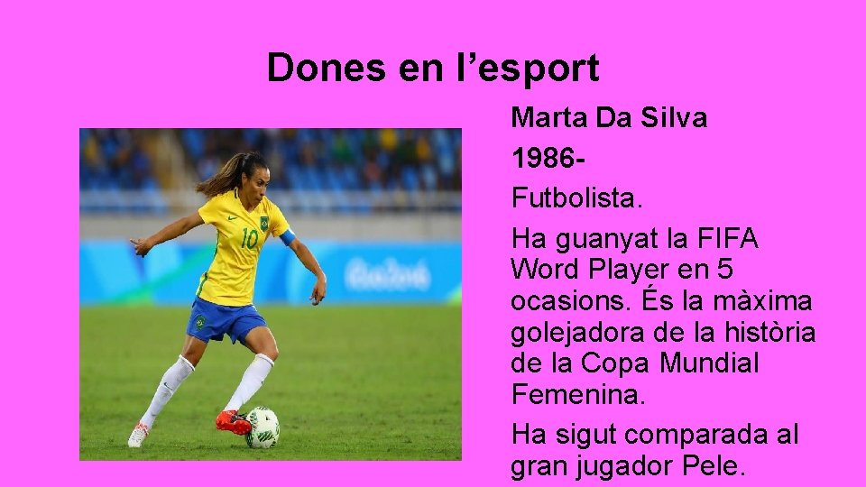 Dones en l’esport Marta Da Silva 1986 Futbolista. Ha guanyat la FIFA Word Player