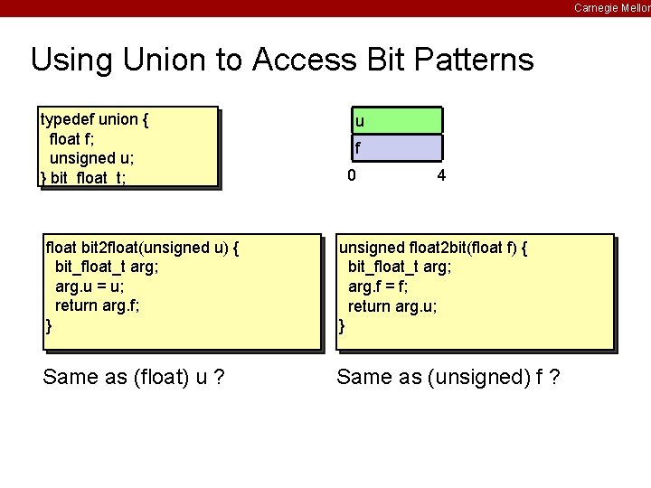 Carnegie Mellon Using Union to Access Bit Patterns typedef union { float f; unsigned