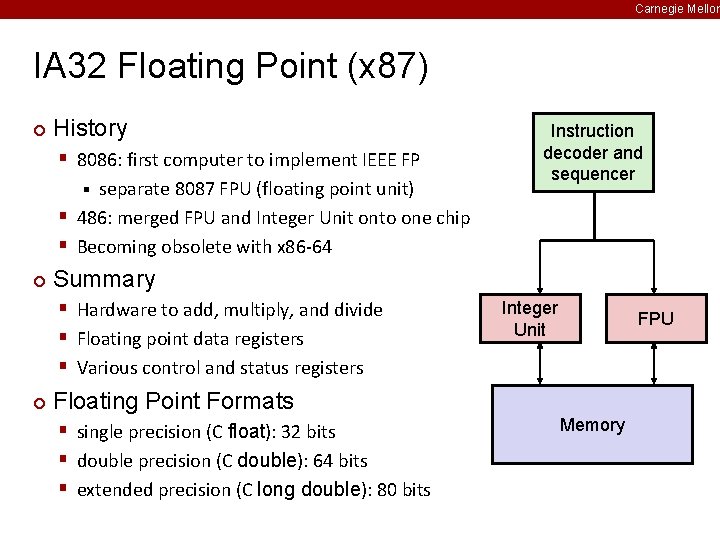 Carnegie Mellon IA 32 Floating Point (x 87) ¢ History § 8086: first computer