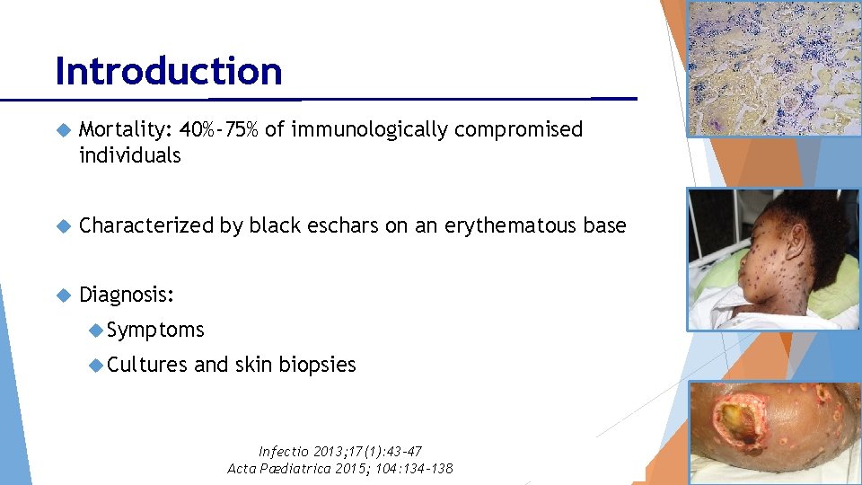 Introduction Mortality: 40%-75% of immunologically compromised individuals Characterized by black eschars on an erythematous