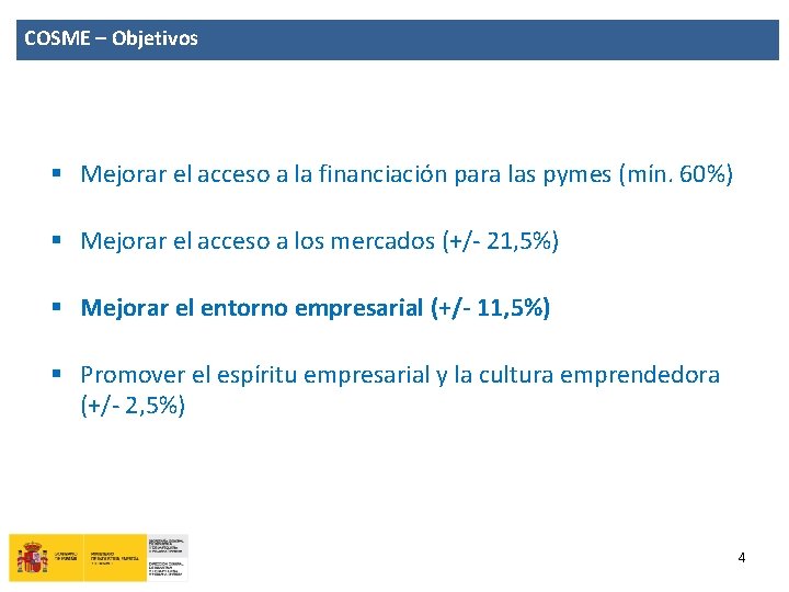 COSME – Objetivos § Mejorar el acceso a la financiación para las pymes (mín.