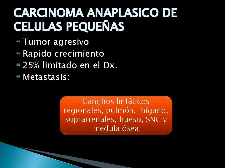 CARCINOMA ANAPLASICO DE CELULAS PEQUEÑAS Tumor agresivo Rapido crecimiento 25% limitado en el Dx.