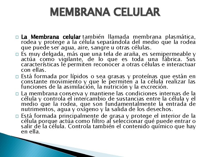 MEMBRANA CELULAR � � � La Membrana celular también llamada membrana plasmática, rodea y