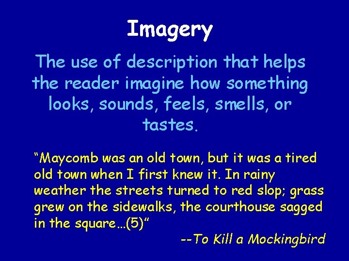 Imagery The use of description that helps the reader imagine how something looks, sounds,