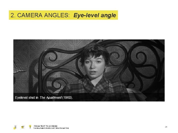 1. 2. SHOT CAMERA SIZE ANGLES: Eye-level angle FROM TEXT TO SCREEN Teaching English