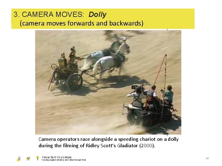 3. CAMERA MOVES: Dolly 1. SHOT SIZE (camera moves forwards and backwards) Camera operators