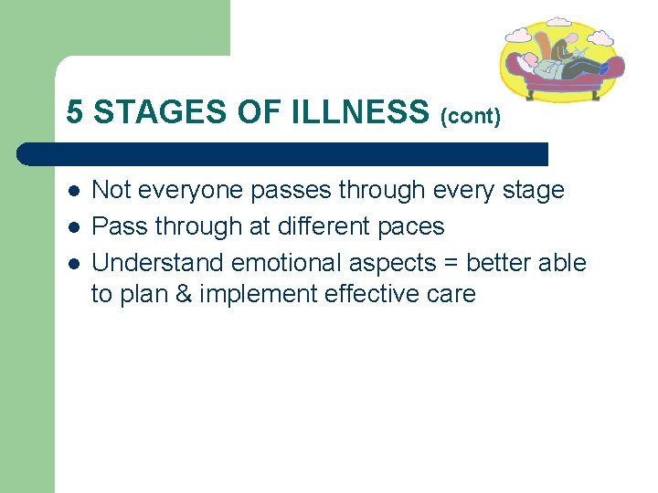 5 STAGES OF ILLNESS (cont) l l l Not everyone passes through every stage