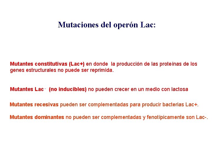 Mutaciones del operón Lac: Mutantes constitutivas (Lac+) en donde la producción de las proteínas