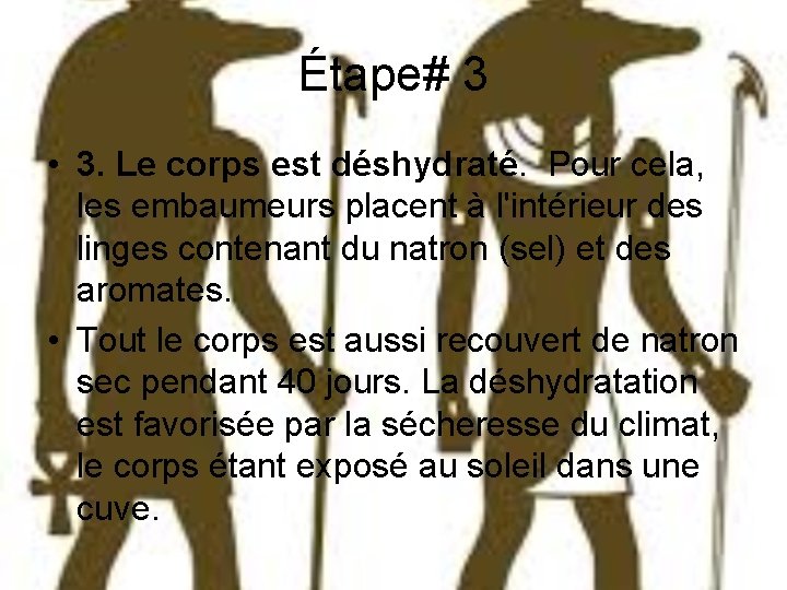 Étape# 3 • 3. Le corps est déshydraté. Pour cela, les embaumeurs placent à