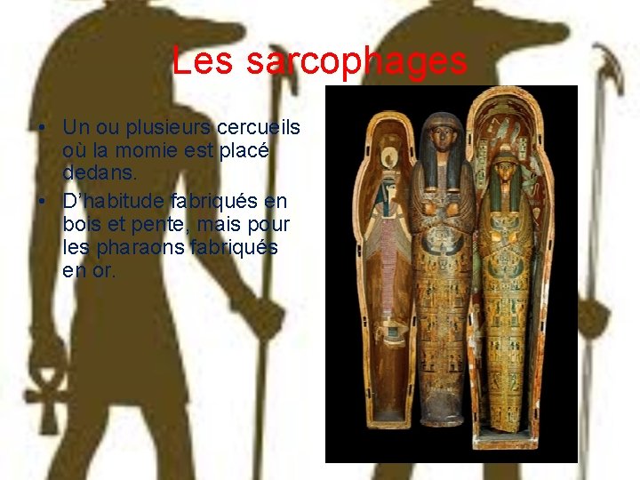 Les sarcophages • Un ou plusieurs cercueils où la momie est placé dedans. •