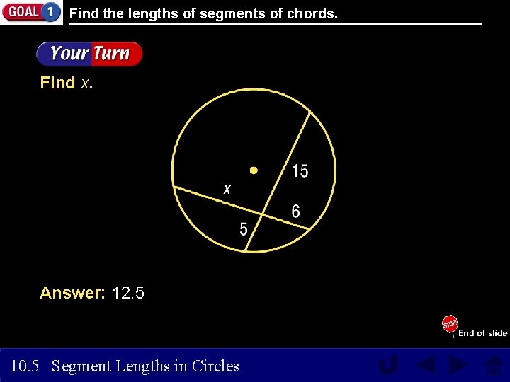 Find the lengths of segments of chords. Find x. Answer: 12. 5 10. 5