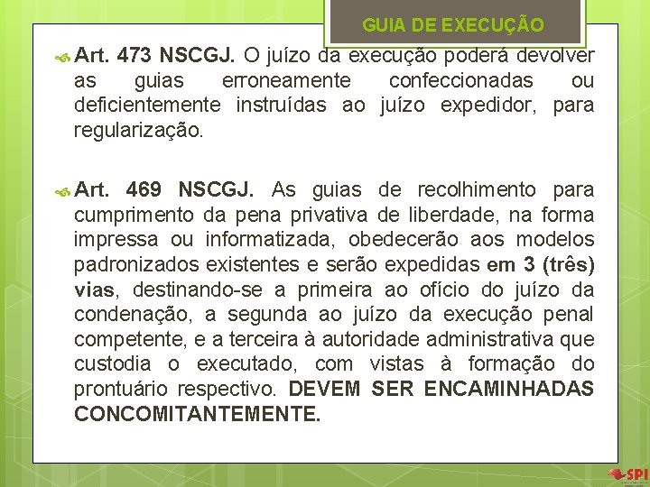 GUIA DE EXECUÇÃO Art. 473 NSCGJ. O juízo da execução poderá devolver as guias GUIA DE EXECUÇÃO Art. 473 NSCGJ. O juízo da execução poderá devolver as guias