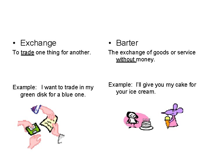  • Exchange • Barter To trade one thing for another. The exchange of