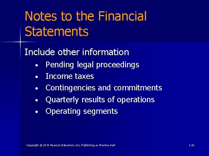 Notes to the Financial Statements Include other information • • • Pending legal proceedings