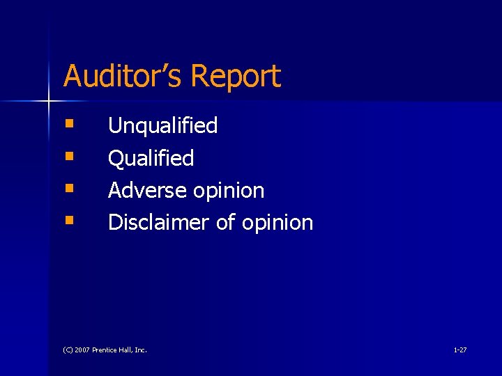 Auditor’s Report § § Unqualified Qualified Adverse opinion Disclaimer of opinion (C) 2007 Prentice