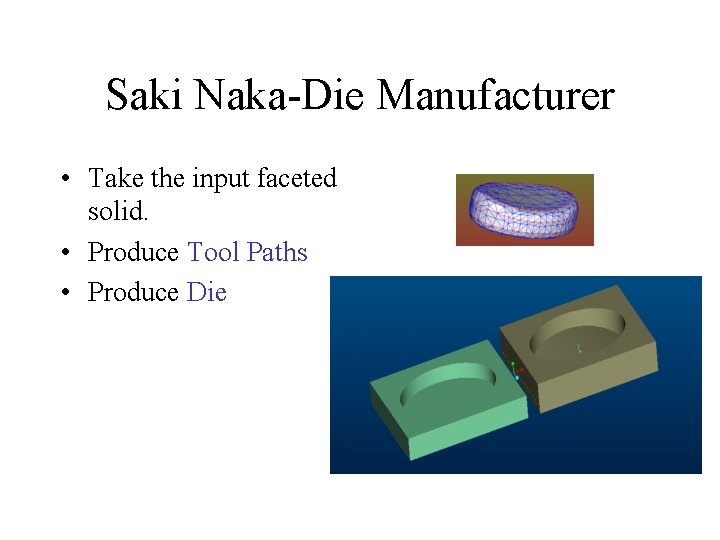 Saki Naka-Die Manufacturer • Take the input faceted solid. • Produce Tool Paths •