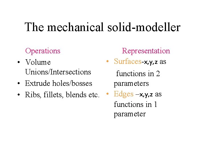 The mechanical solid-modeller Operations Representation • Surfaces-x, y, z as • Volume Unions/Intersections functions