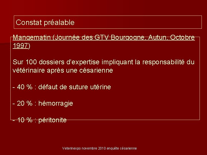Constat préalable Mangematin (Journée des GTV Bourgogne, Autun, Octobre 1997) 1997 Sur 100 dossiers