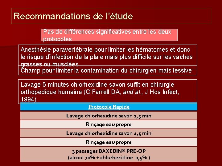 Recommandations de l’étude Pas de différences significatives entre les deux protocoles Anesthésie paravertébrale pour