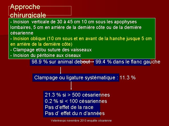 Approche chirurgicale - Incision verticale de 30 à 45 cm 10 cm sous les