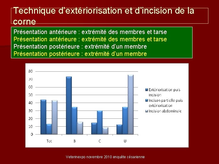 Technique d’extériorisation et d’incision de la corne Présentation antérieure : extrémité des membres et