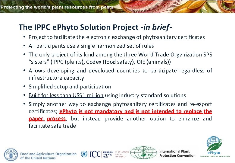 The IPPC e. Phyto Solution Project -in brief • Project to facilitate the electronic