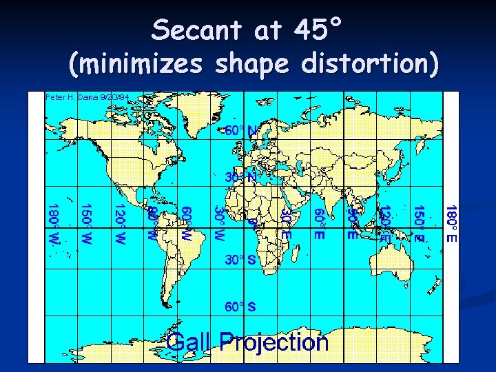 Secant at 45° (minimizes shape distortion) 