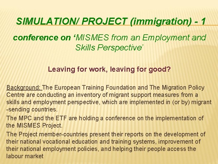 SIMULATION/ PROJECT (immigration) - 1 conference on ‘MISMES from an Employment and Skills Perspective’