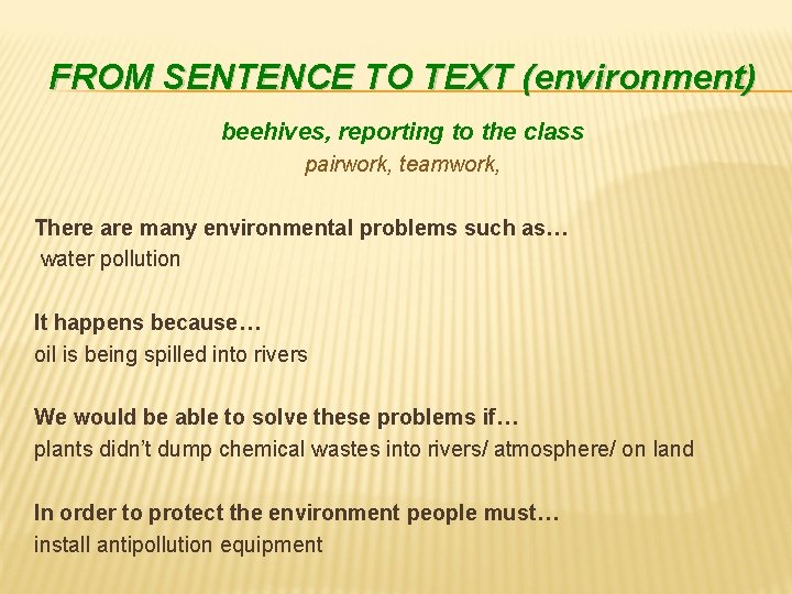 FROM SENTENCE TO TEXT ( environment ) beehives, reporting to the class pairwork, teamwork,