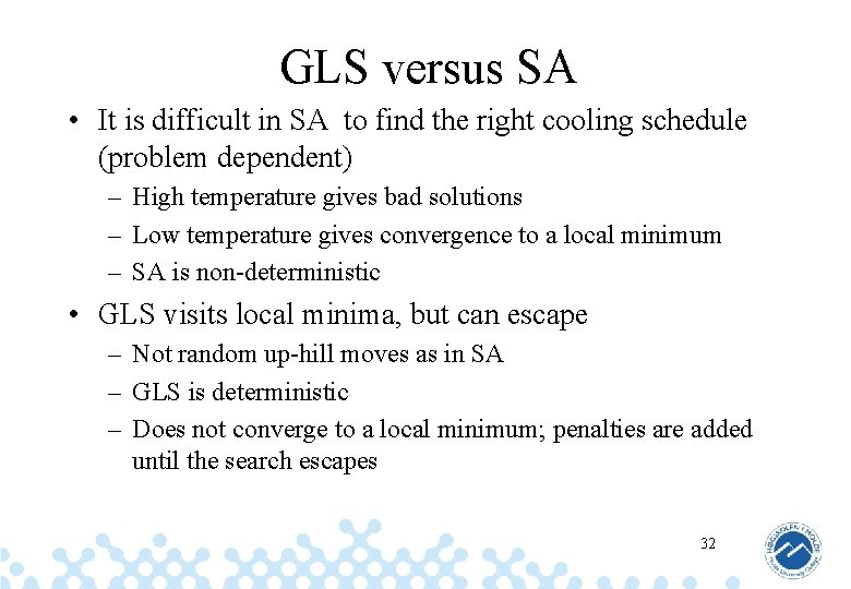 GLS versus SA • It is difficult in SA to find the right cooling