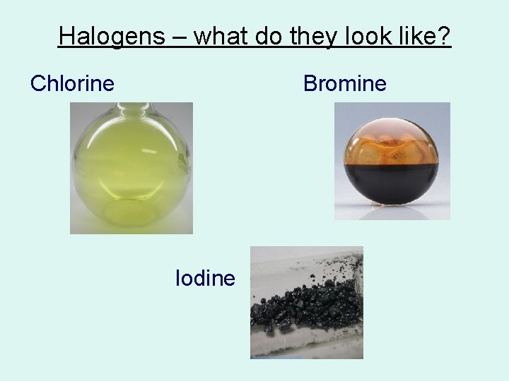 Halogens – what do they look like? Chlorine Bromine Iodine 