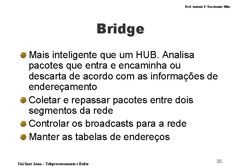Prof. Antonio P. Nascimento Filho Bridge Mais inteligente que um HUB. Analisa pacotes que