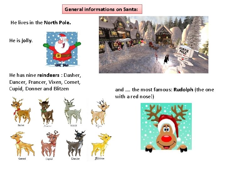 General informations on Santa: He lives in the North Pole. He is jolly. He