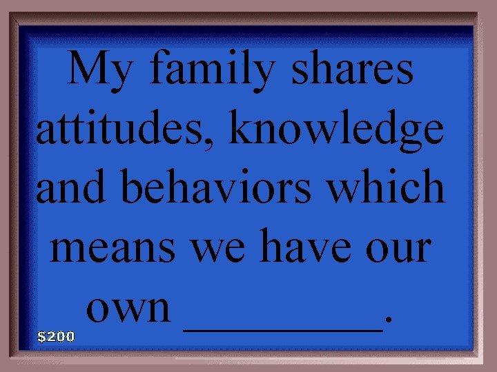 My family shares attitudes, knowledge and behaviors which means we have our own ____.