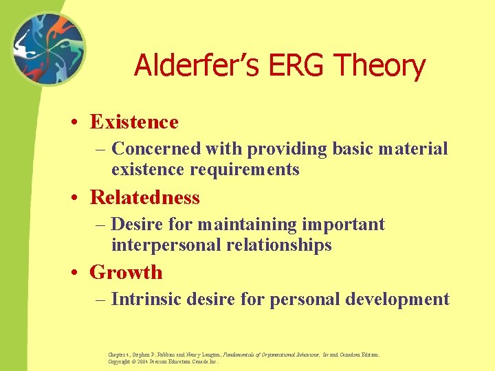 Alderfer’s ERG Theory • Existence – Concerned with providing basic material existence requirements •