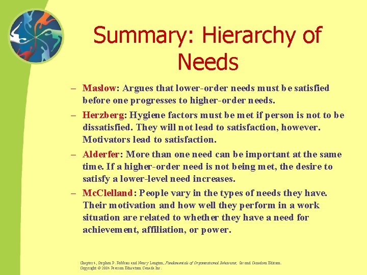 Summary: Hierarchy of Needs – Maslow: Argues that lower-order needs must be satisfied before