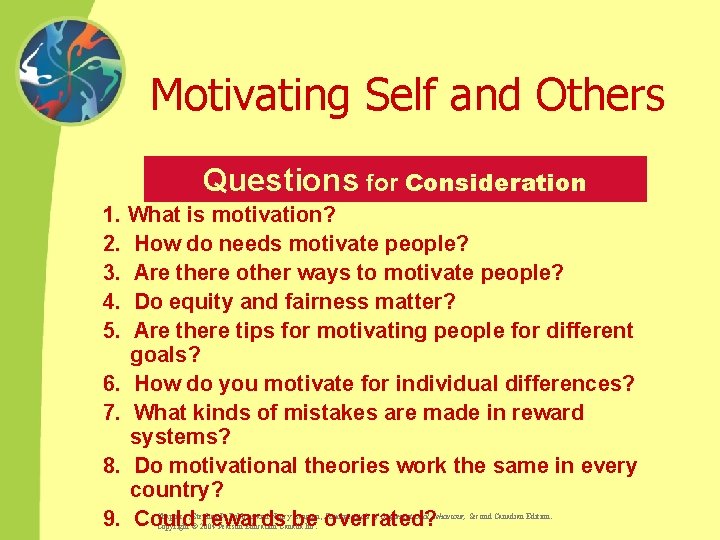 Motivating Self and Others Questions for Consideration 1. What is motivation? 2. How do