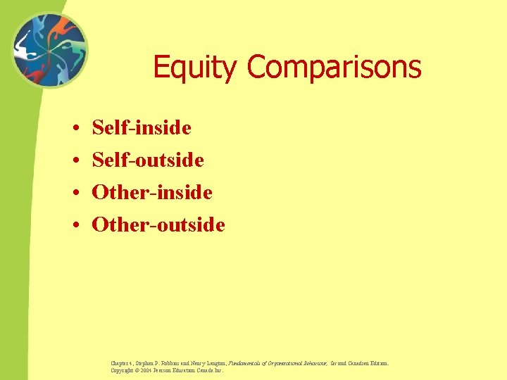 Equity Comparisons • • Self-inside Self-outside Other-inside Other-outside Chapter 4, Stephen P. Robbins and